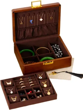 Solid Walnut Wood Jewelry Box with Lock,2 Layer Velvet Wood Jewelry Organizer Storage Lined for Earrings Rings Necklaces Bracelets Cufflink Gift Idea for Men Women, Vintage Brown