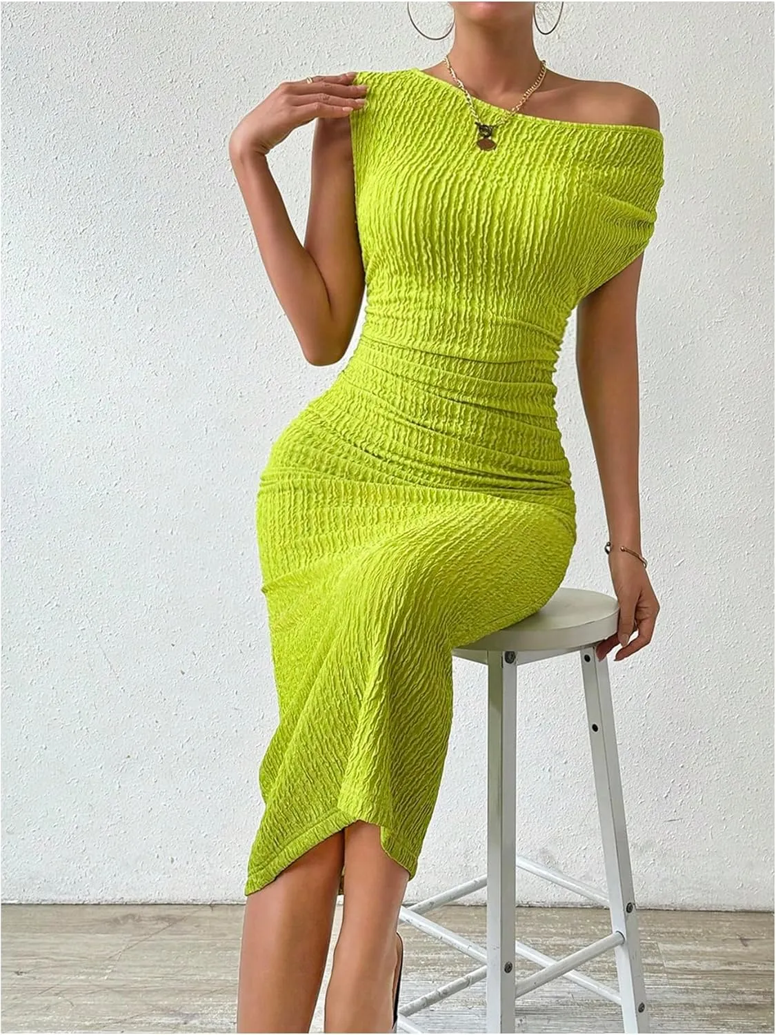 SOLY HUX Women's Off Shoulder Short Sleeve Ruched Bodycon Dress Pencil Midi Dresses