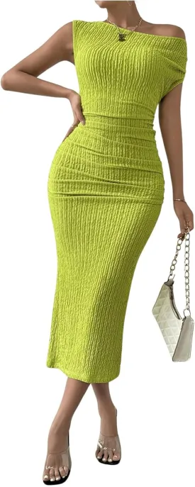 SOLY HUX Women's Off Shoulder Short Sleeve Ruched Bodycon Dress Pencil Midi Dresses