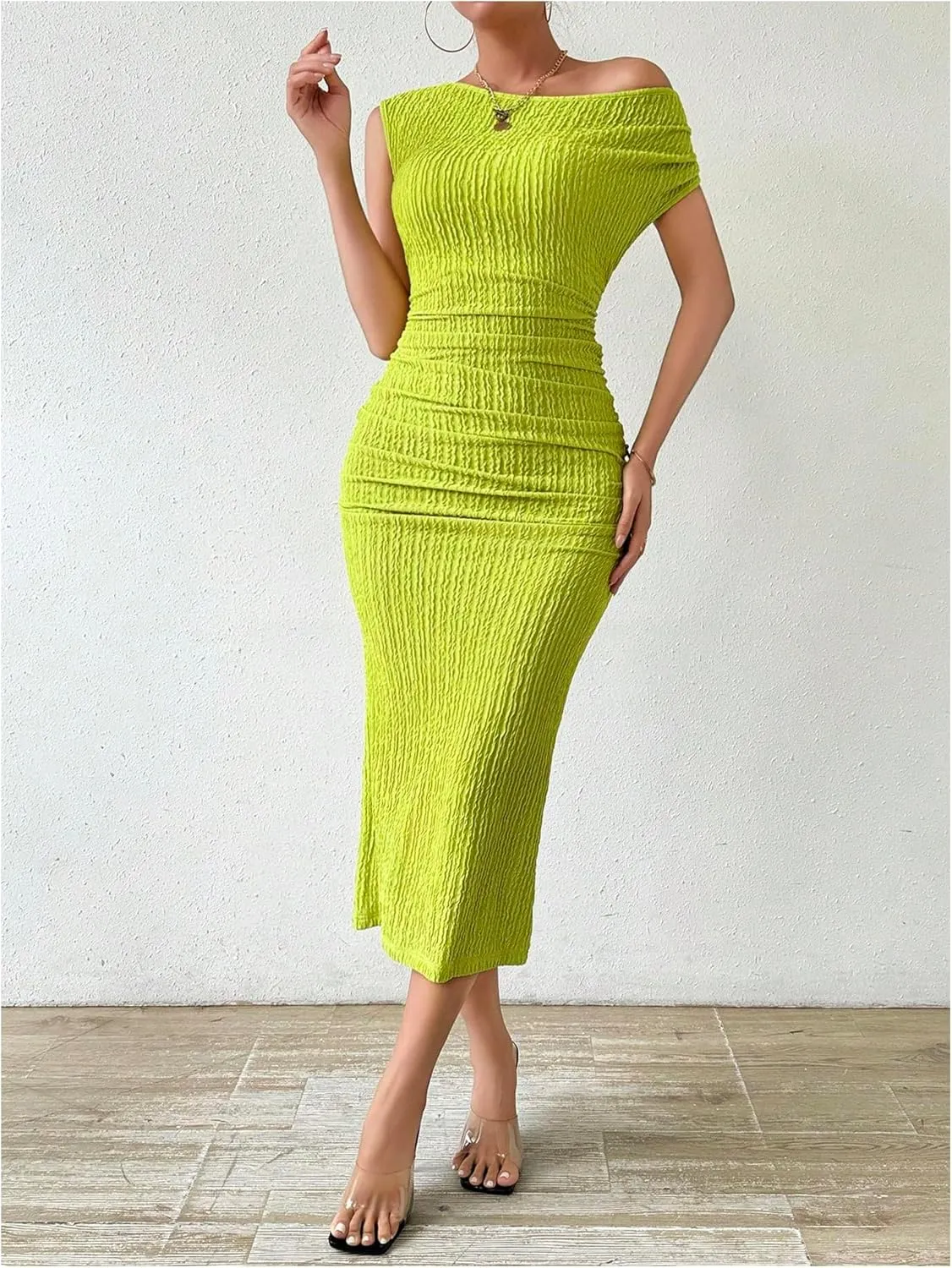 SOLY HUX Women's Off Shoulder Short Sleeve Ruched Bodycon Dress Pencil Midi Dresses