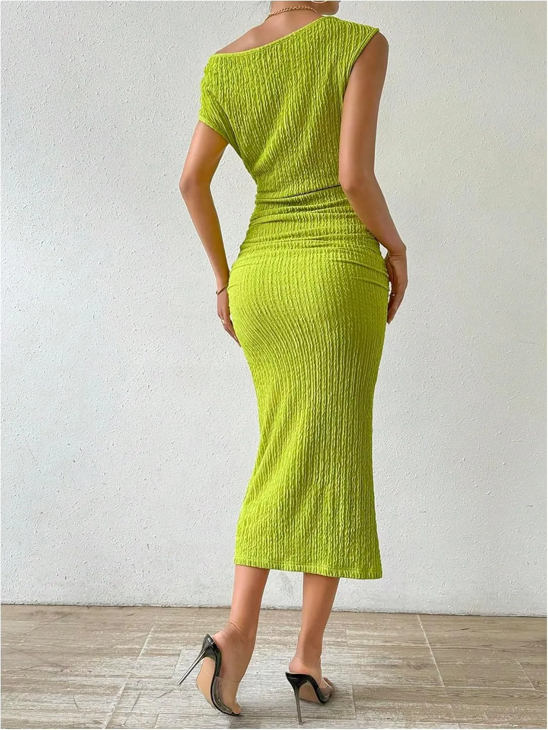 SOLY HUX Women's Off Shoulder Short Sleeve Ruched Bodycon Dress Pencil Midi Dresses