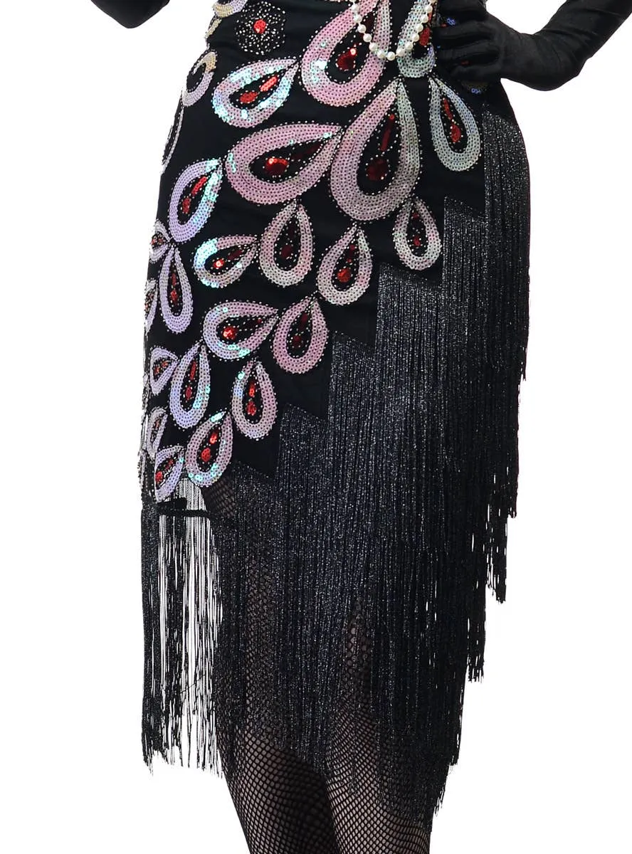 Sparkly Long Black Womens 1920s Dress with Asymmetrical Fringe