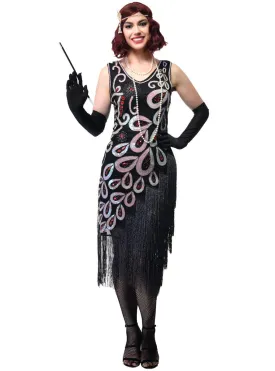 Sparkly Long Black Womens 1920s Dress with Asymmetrical Fringe