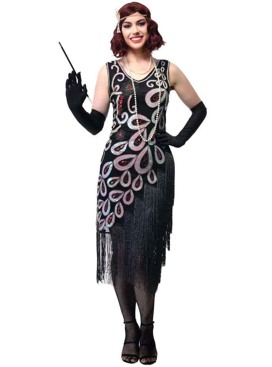 Sparkly Long Black Womens 1920s Dress with Asymmetrical Fringe
