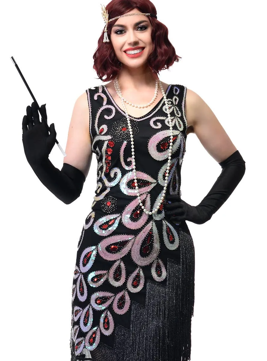 Sparkly Long Black Womens 1920s Dress with Asymmetrical Fringe