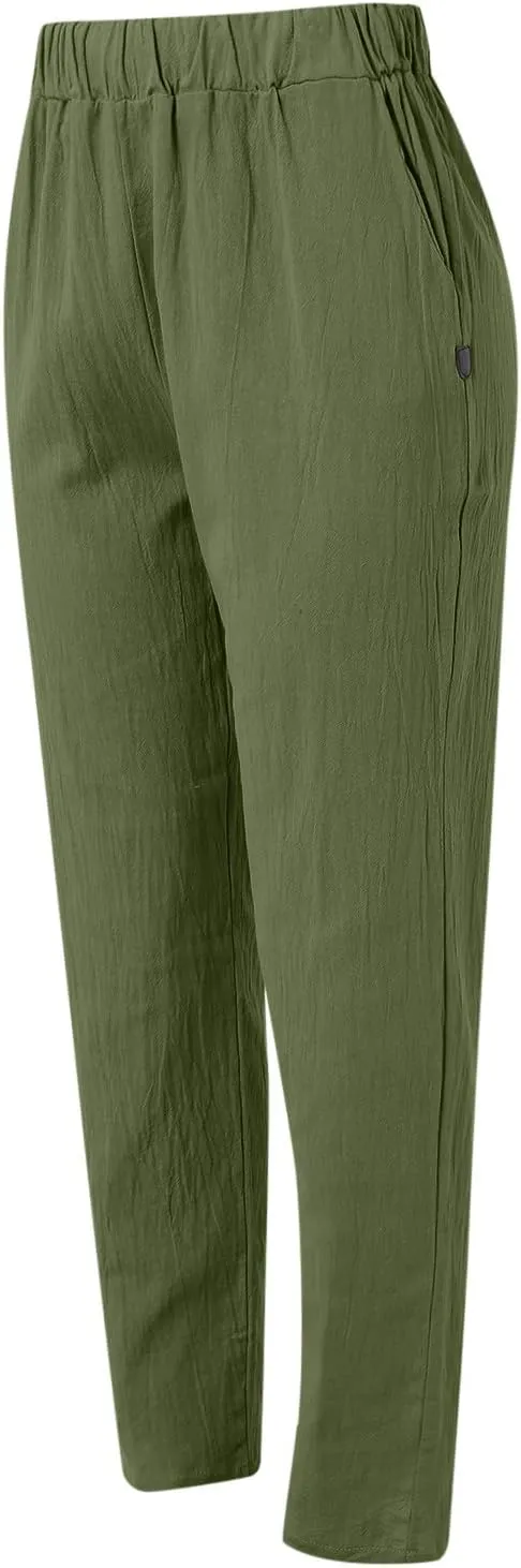 Striped Linen Pants Women Summer Crop Causal Pants Button Side Elastic Waist Straight Leg Pants with Pockets Beach Trousers