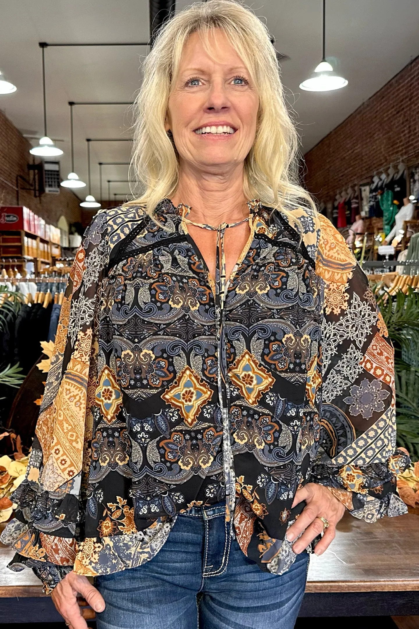 Tiered Black Multi Pattern Boho Top