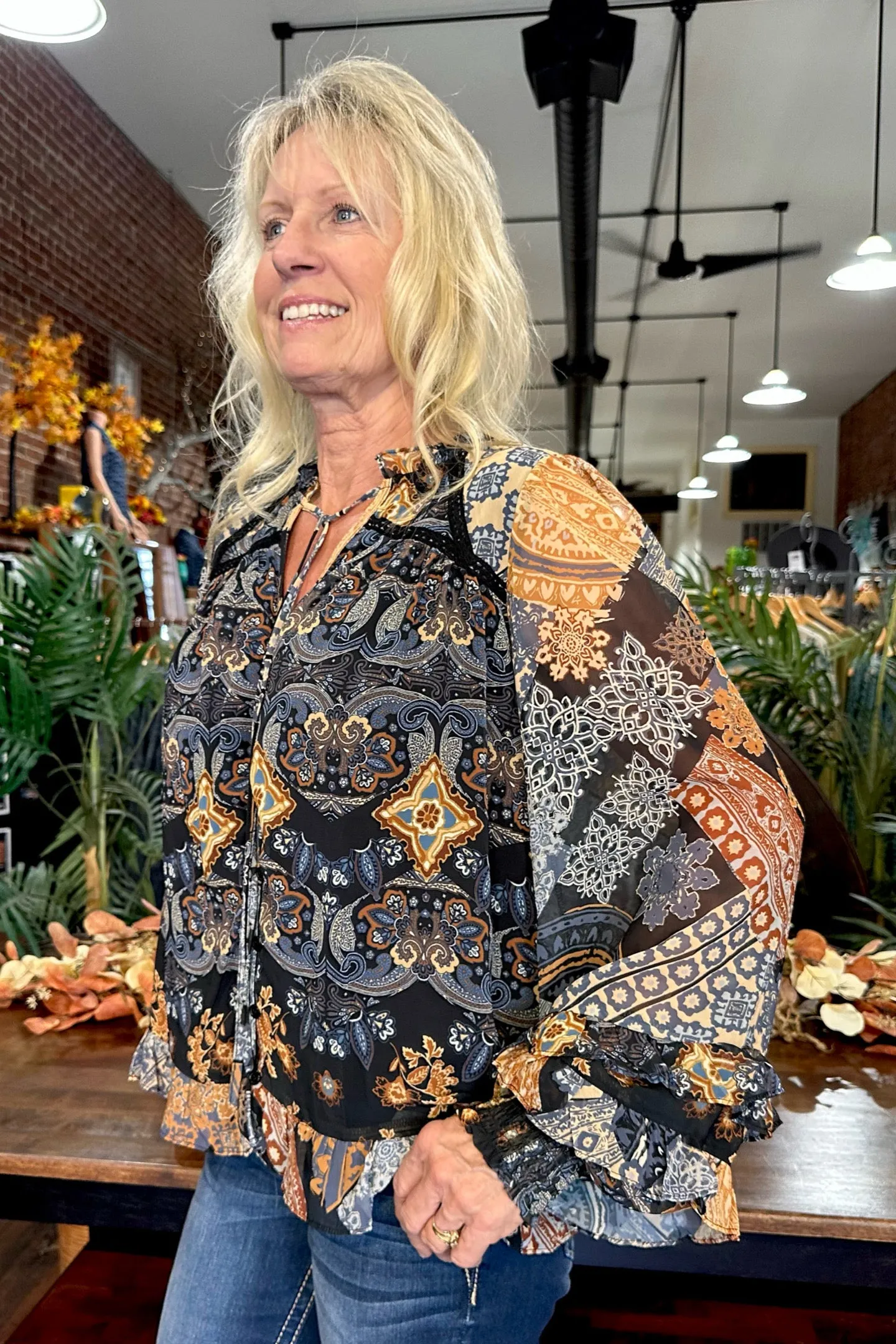 Tiered Black Multi Pattern Boho Top