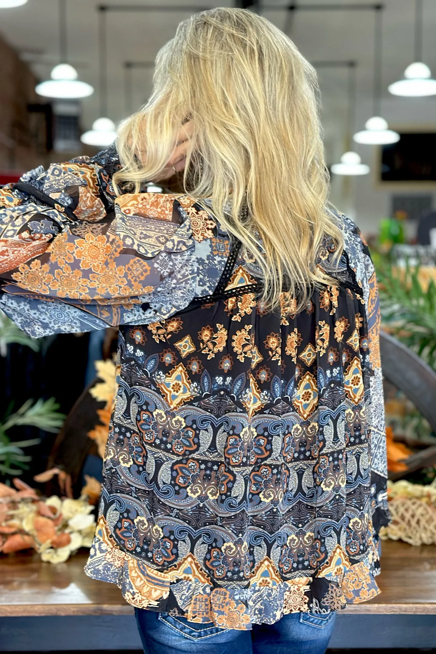 Tiered Black Multi Pattern Boho Top