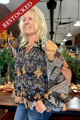 Tiered Black Multi Pattern Boho Top