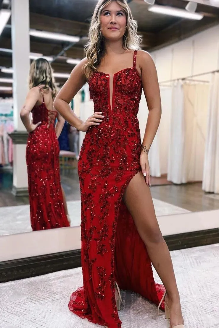 TIRAS Sparkly Sequin Mermaid Prom Dresses with Slit 2025 Spaghetti Straps Lace Corset Formal Evening Gowns
