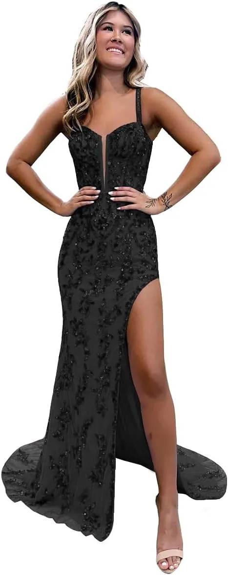 TIRAS Sparkly Sequin Mermaid Prom Dresses with Slit 2025 Spaghetti Straps Lace Corset Formal Evening Gowns
