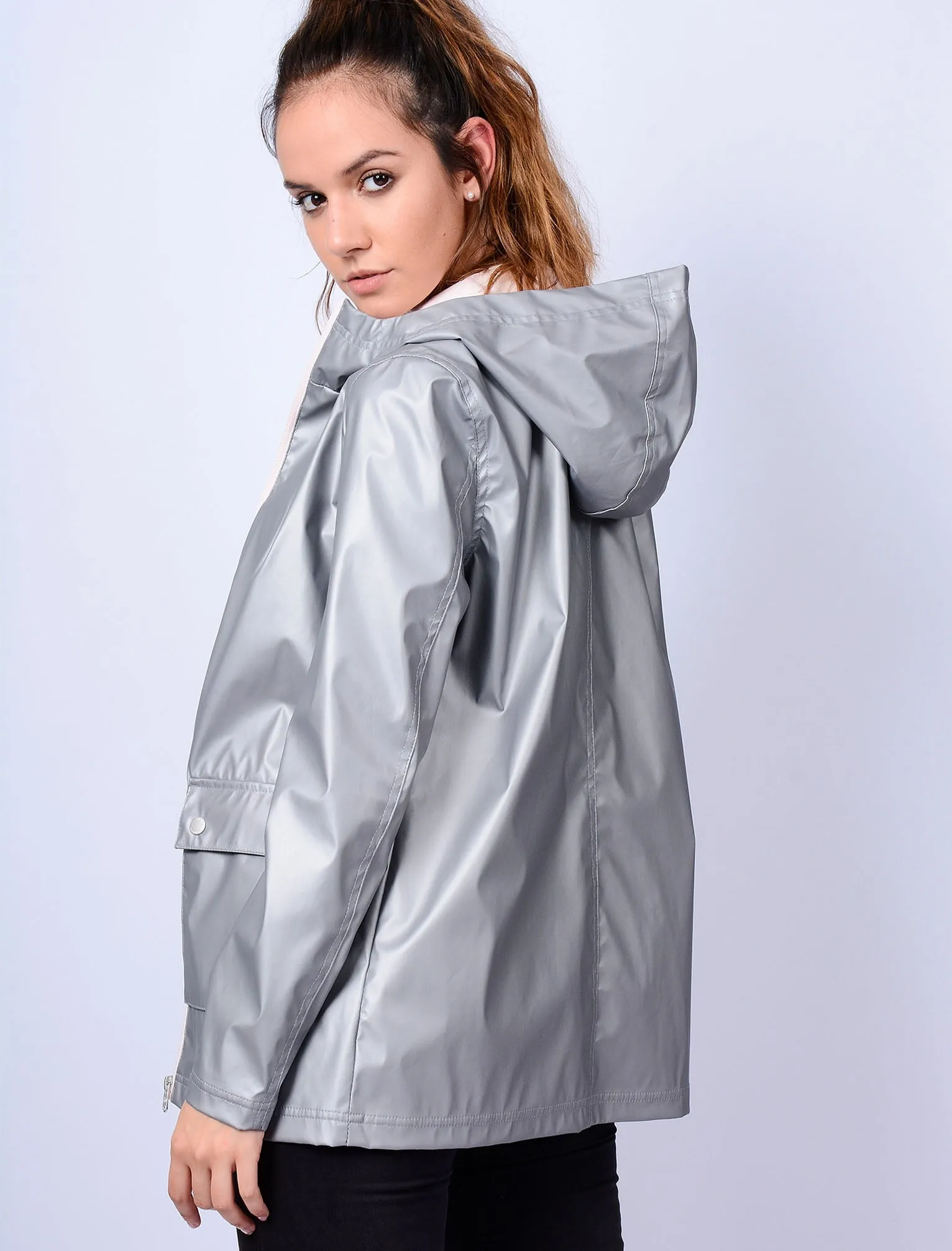TL Seagull Hooded PU Coat in Matte Silver - Tokyo Laundry