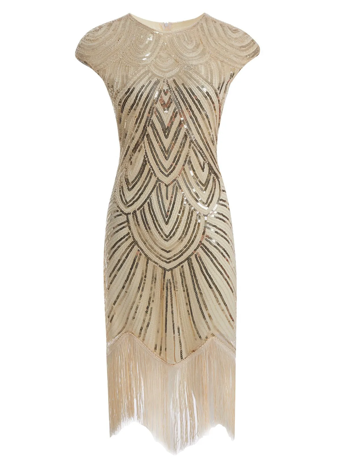 [US Warehouse] Apricot 1920s Sequin Beaded Fringed Dress