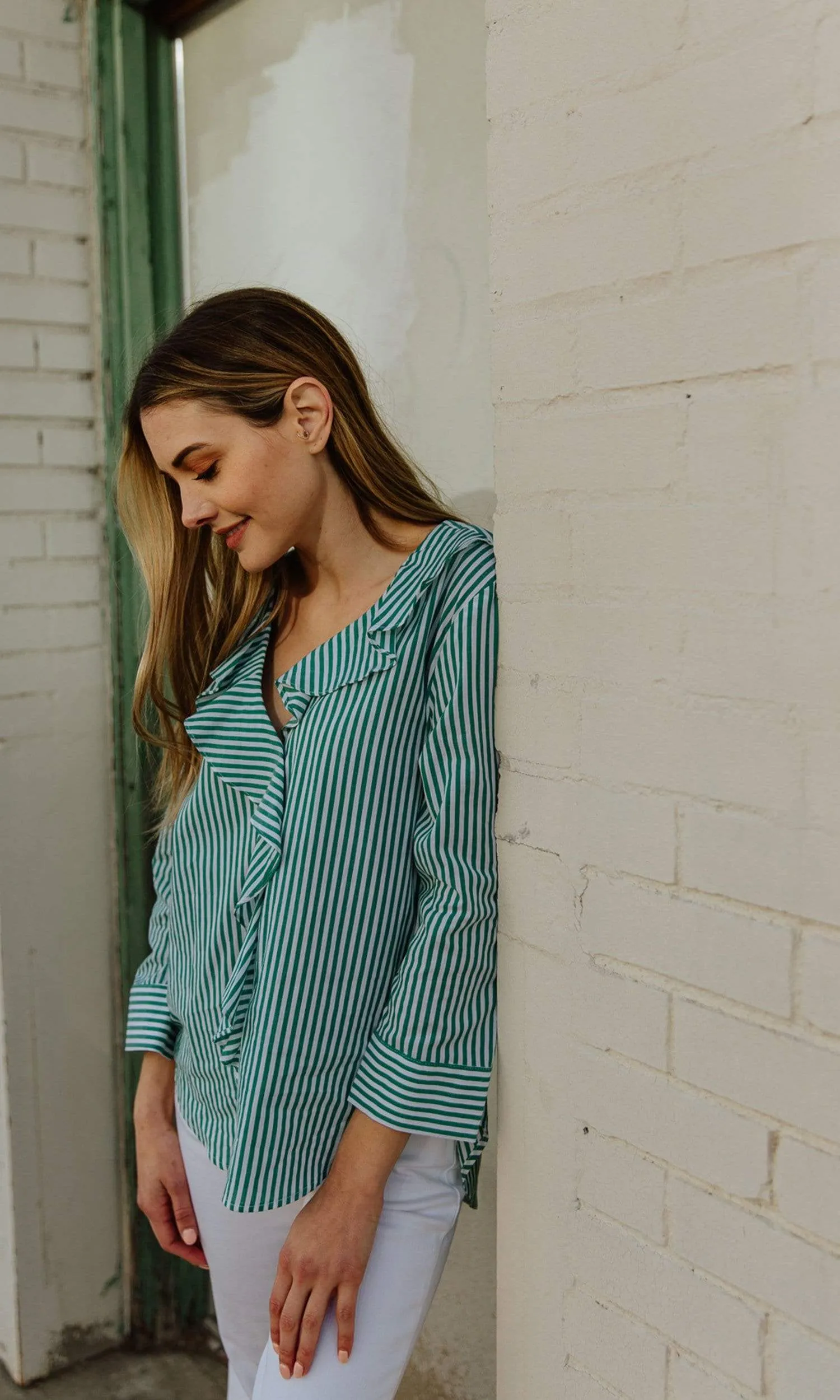 Velvet by Graham & Spencer Hama Striped Ruffle Front Button Up Top