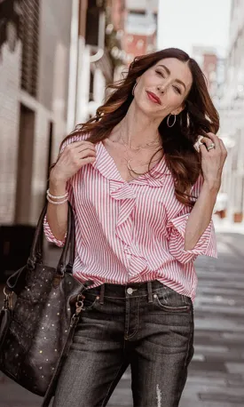 Velvet by Graham & Spencer Hama Striped Ruffle Front Button Up Top