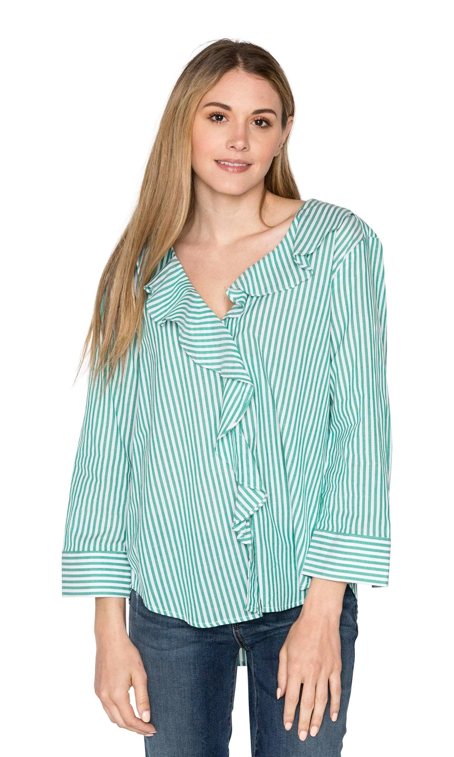 Velvet by Graham & Spencer Hama Striped Ruffle Front Button Up Top