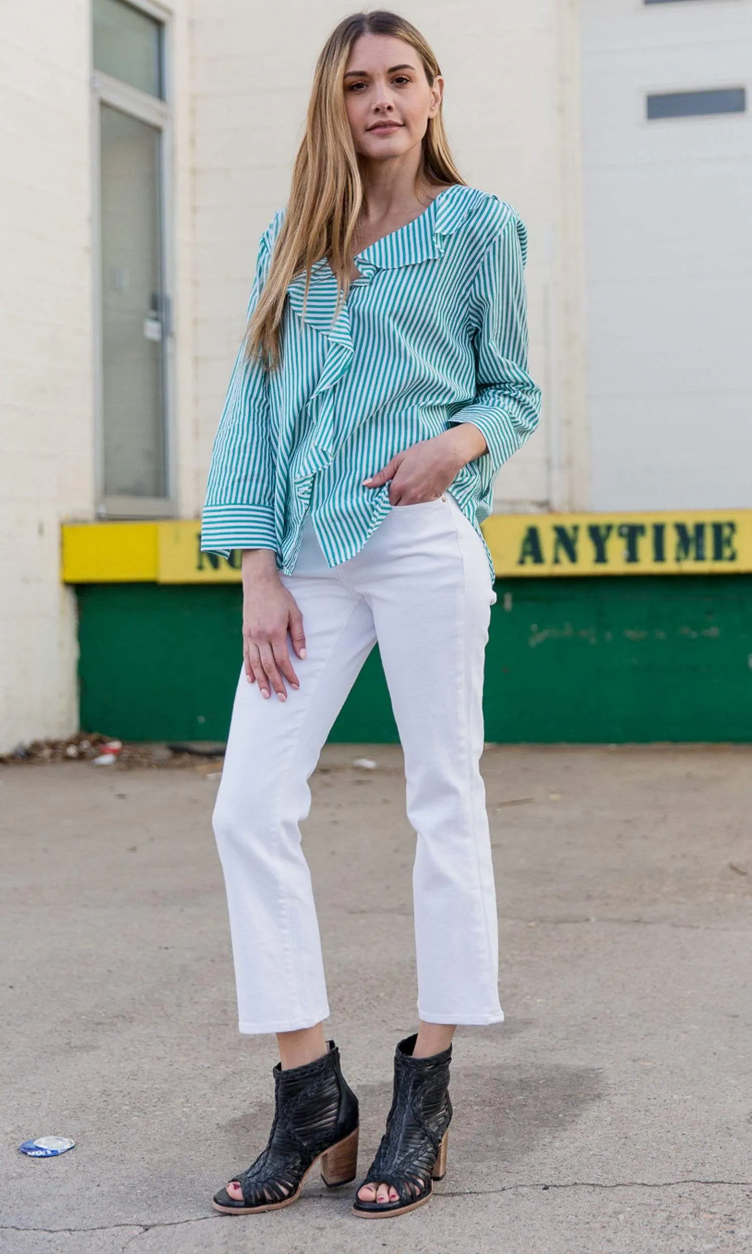 Velvet by Graham & Spencer Hama Striped Ruffle Front Button Up Top