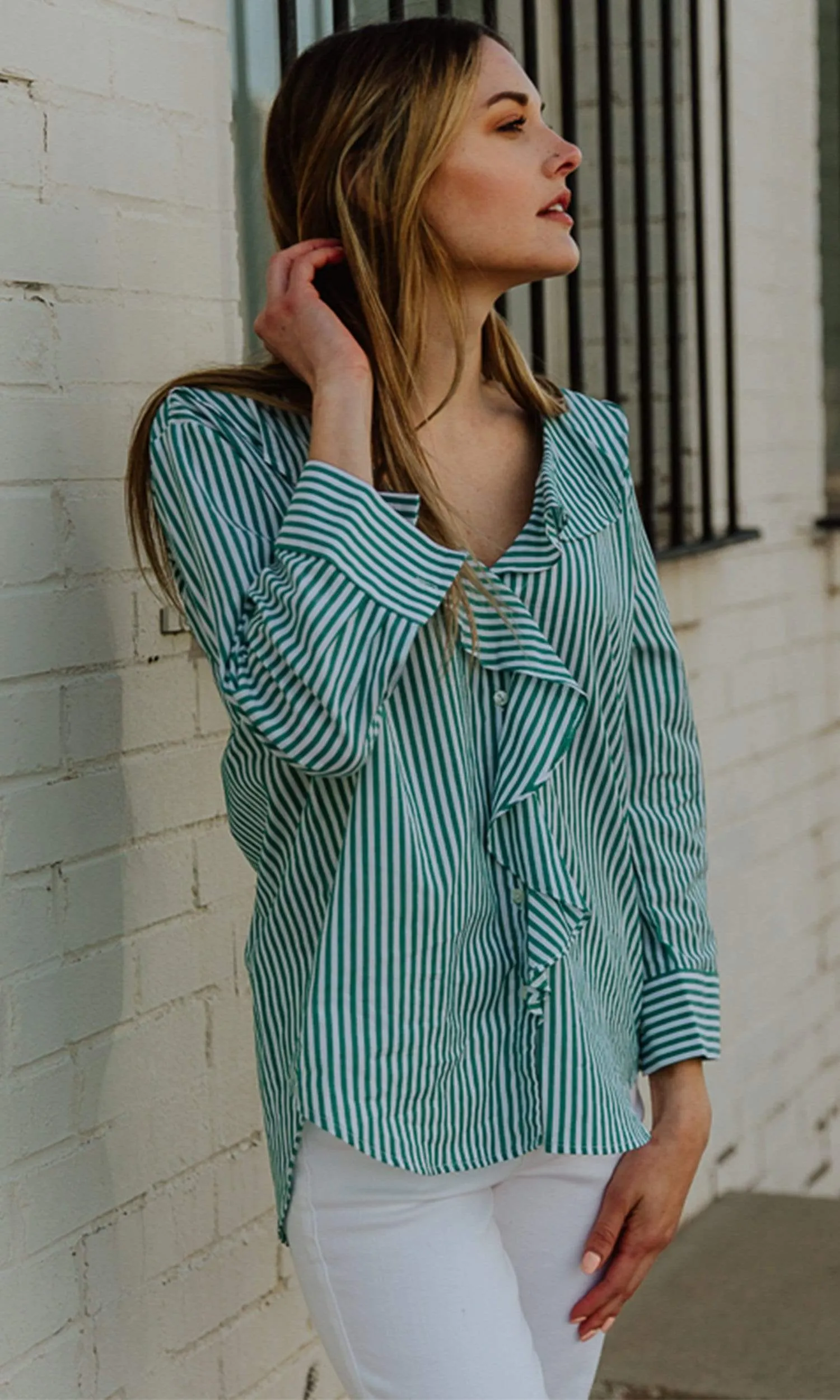 Velvet by Graham & Spencer Hama Striped Ruffle Front Button Up Top