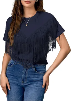 Verdusa Women's Short Sleeve Fringe Tops Tassel Trim Cowgirl Shirts Western Outfits