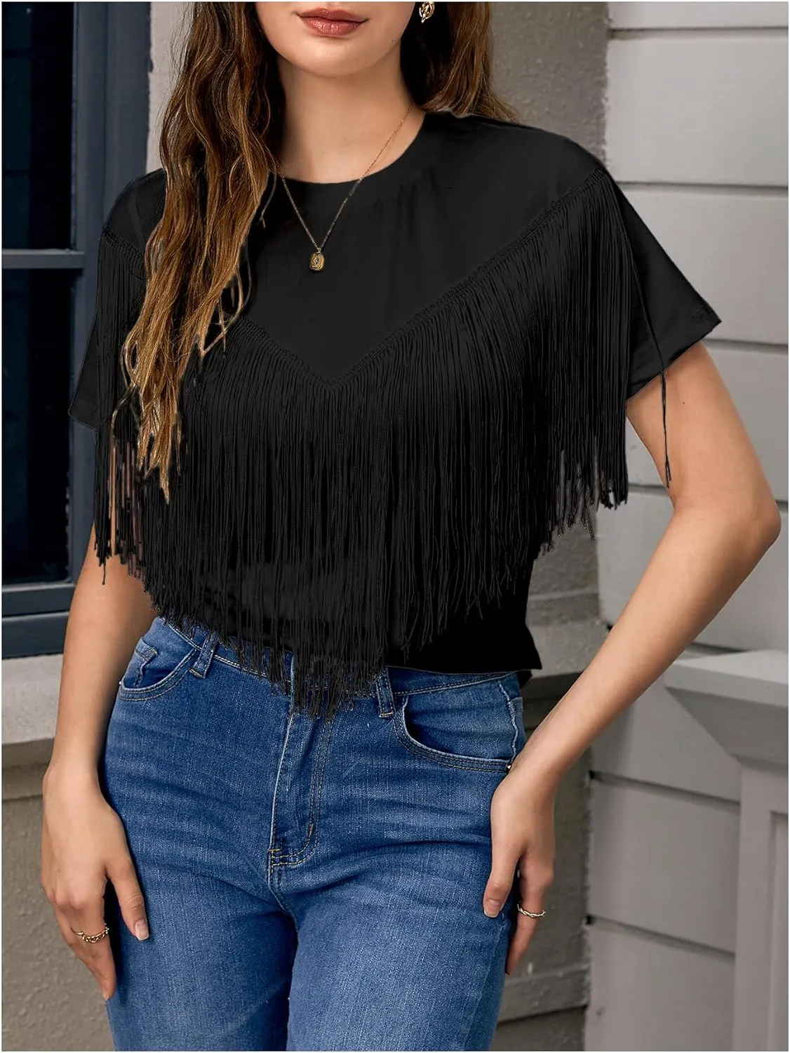 Verdusa Women's Short Sleeve Fringe Tops Tassel Trim Cowgirl Shirts Western Outfits
