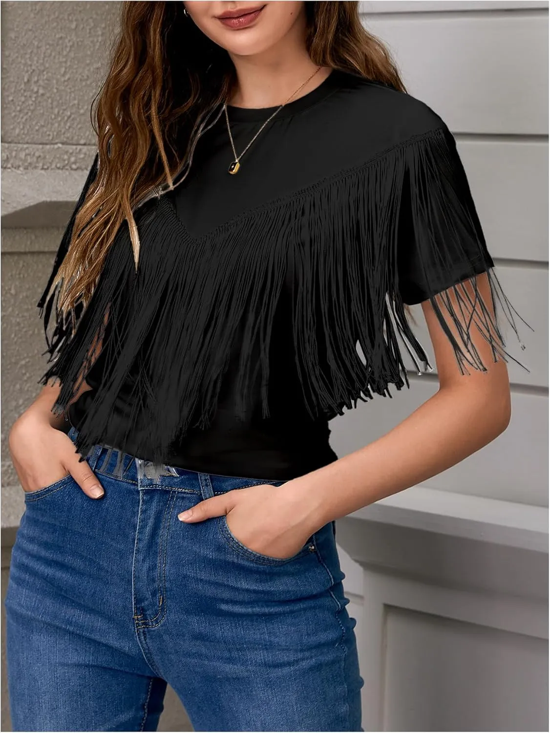 Verdusa Women's Short Sleeve Fringe Tops Tassel Trim Cowgirl Shirts Western Outfits