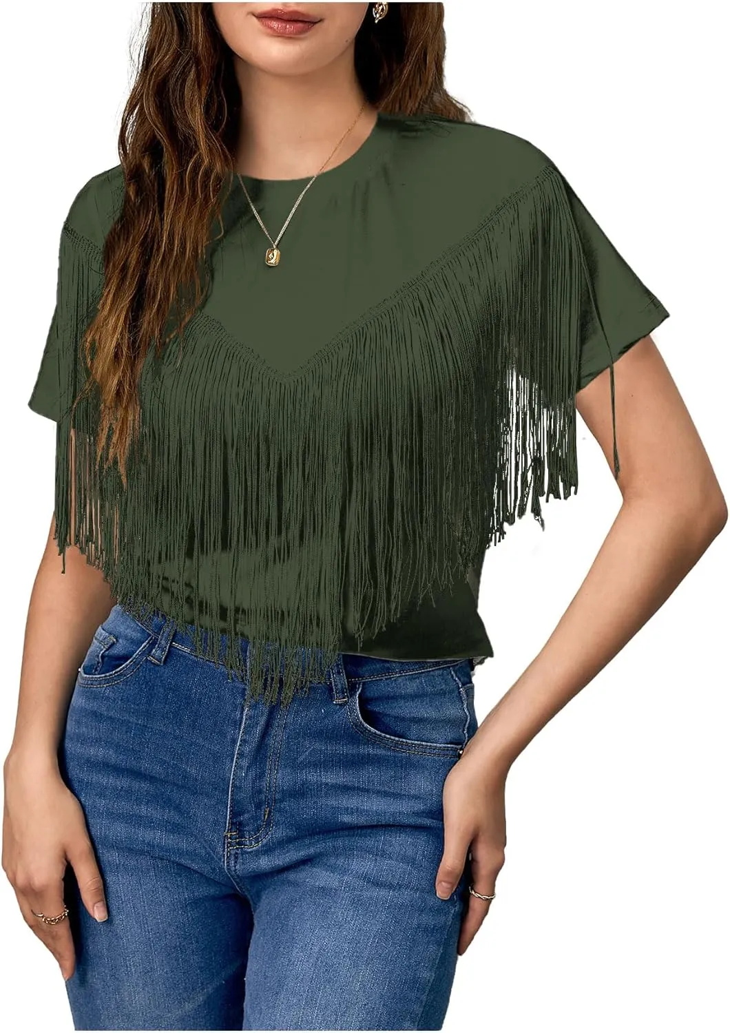 Verdusa Women's Short Sleeve Fringe Tops Tassel Trim Cowgirl Shirts Western Outfits
