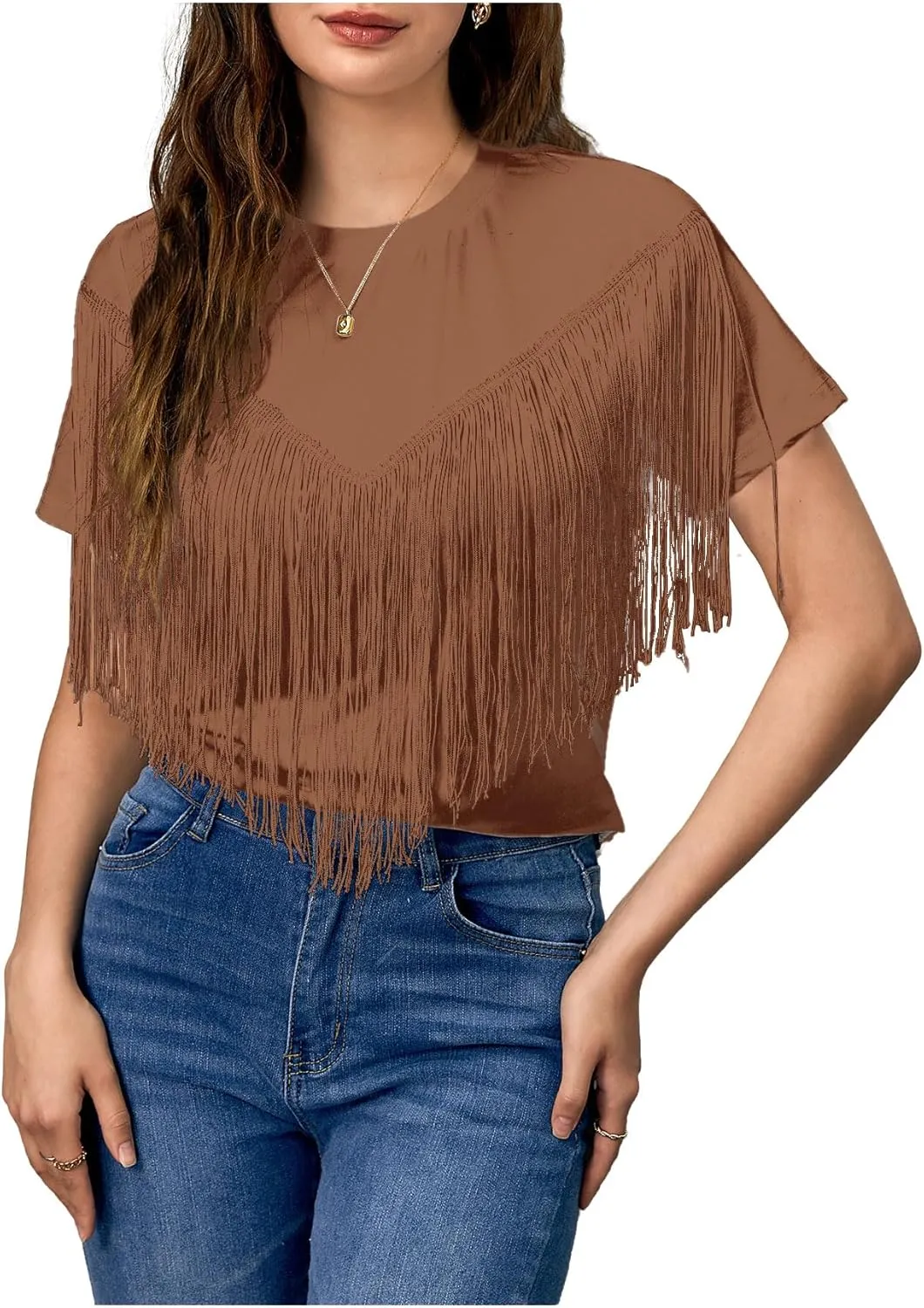 Verdusa Women's Short Sleeve Fringe Tops Tassel Trim Cowgirl Shirts Western Outfits