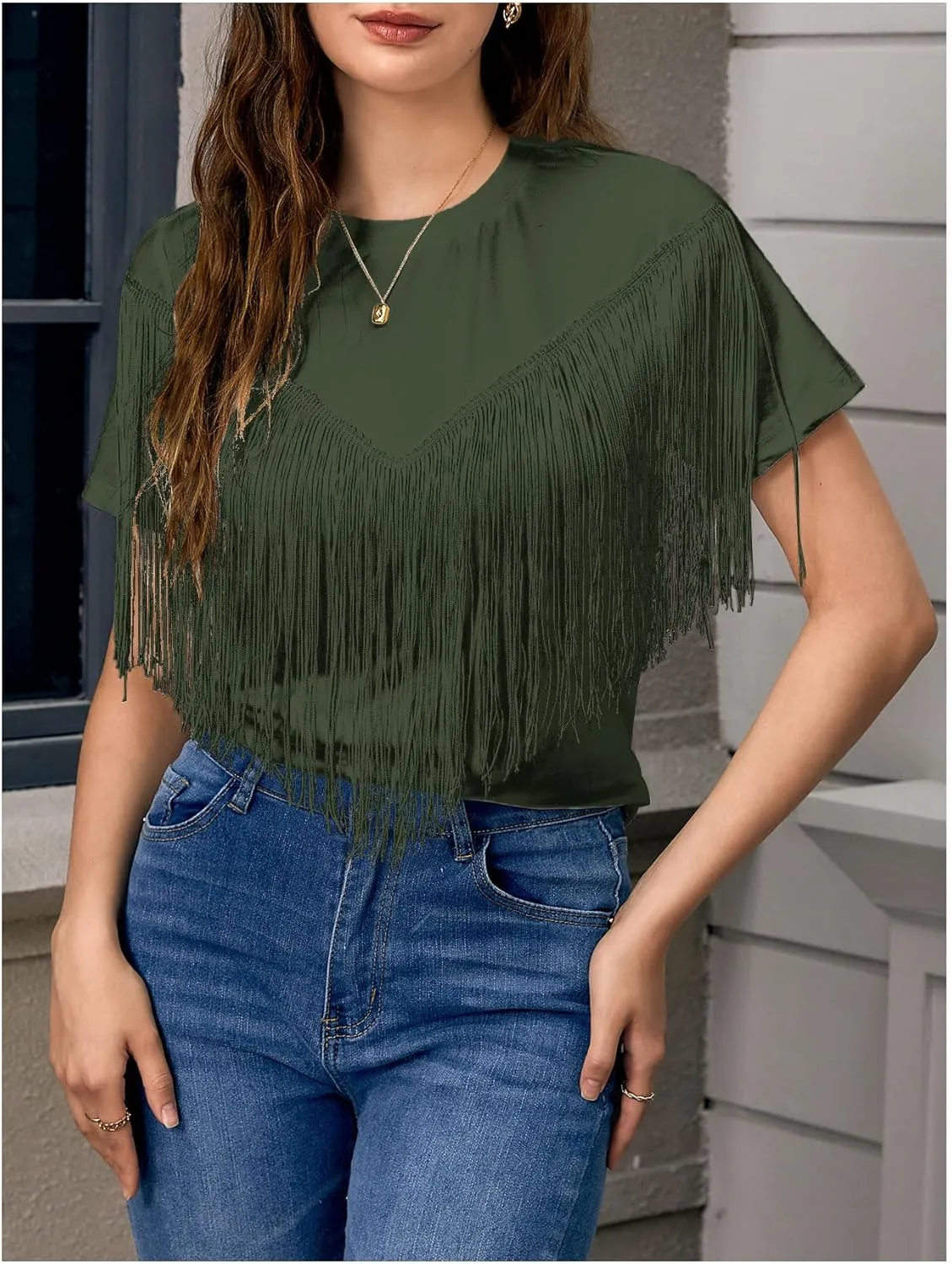 Verdusa Women's Short Sleeve Fringe Tops Tassel Trim Cowgirl Shirts Western Outfits