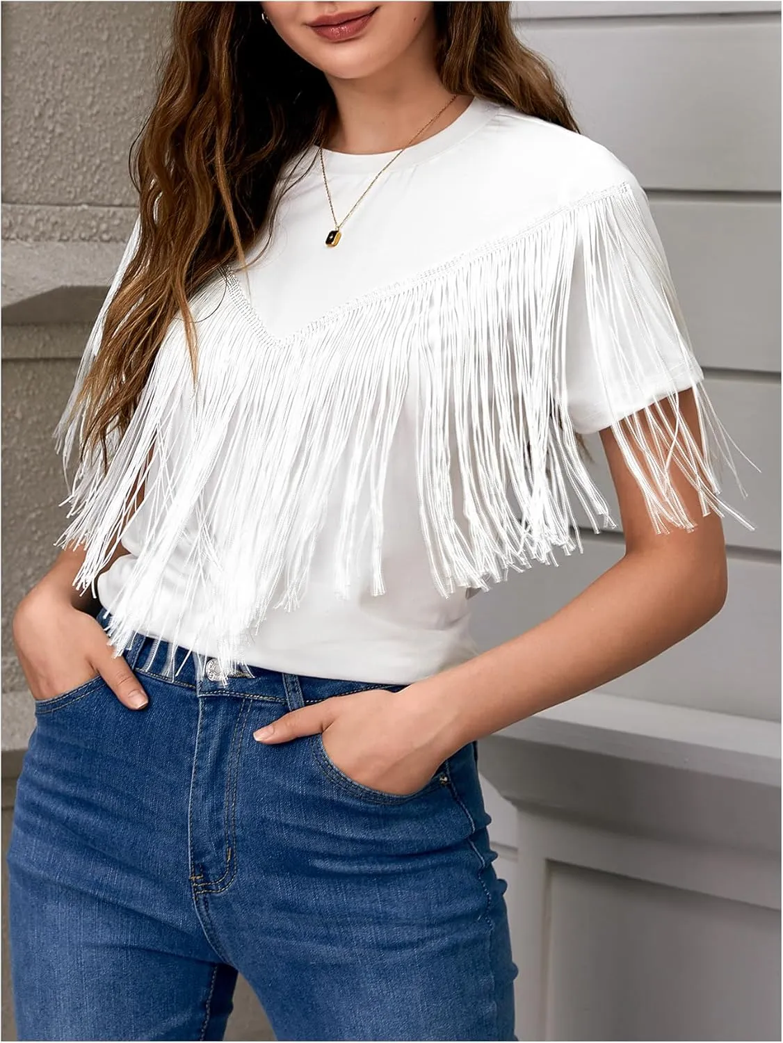 Verdusa Women's Short Sleeve Fringe Tops Tassel Trim Cowgirl Shirts Western Outfits