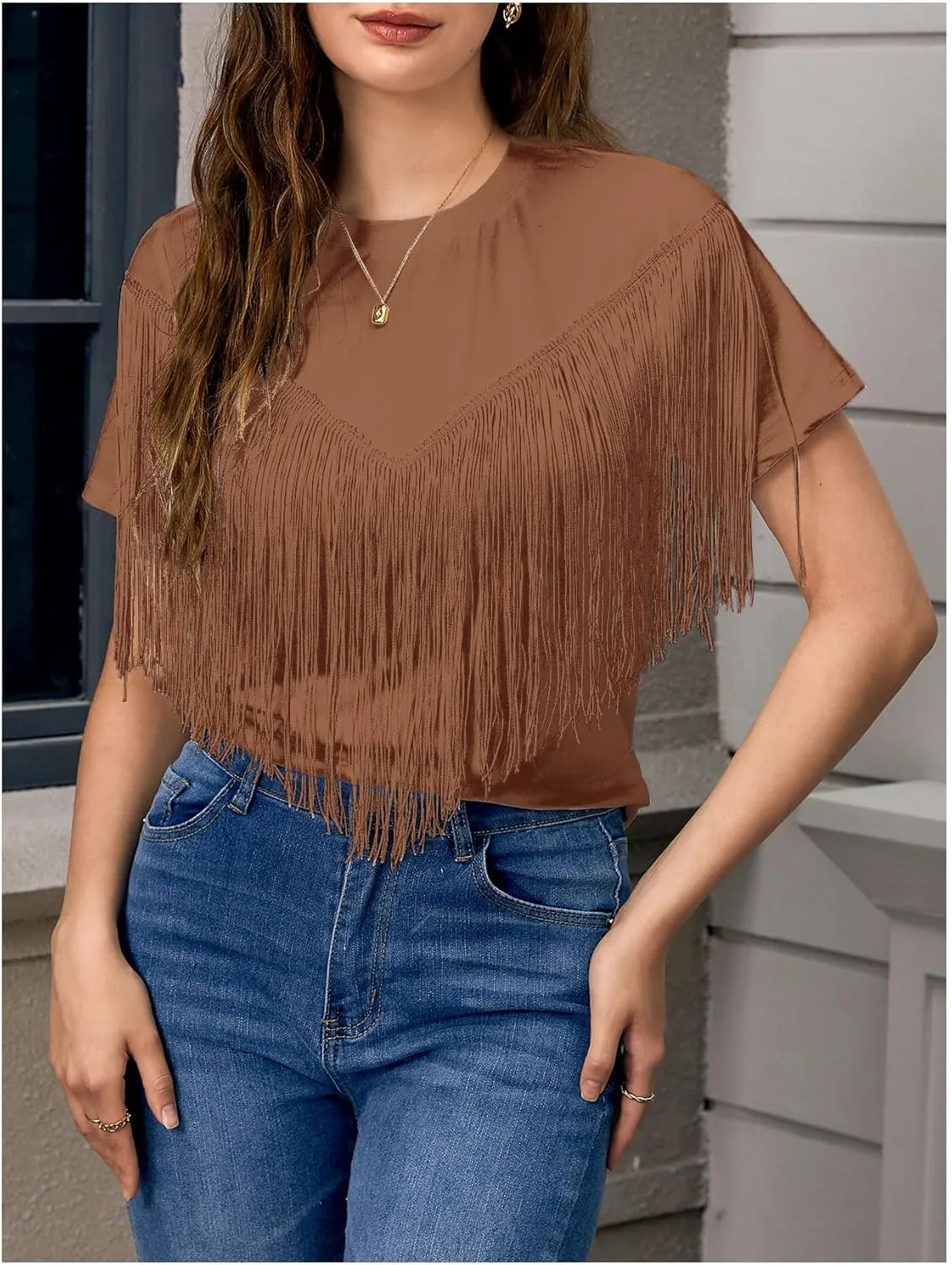 Verdusa Women's Short Sleeve Fringe Tops Tassel Trim Cowgirl Shirts Western Outfits