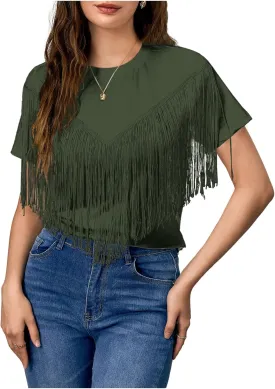 Verdusa Women's Short Sleeve Fringe Tops Tassel Trim Cowgirl Shirts Western Outfits