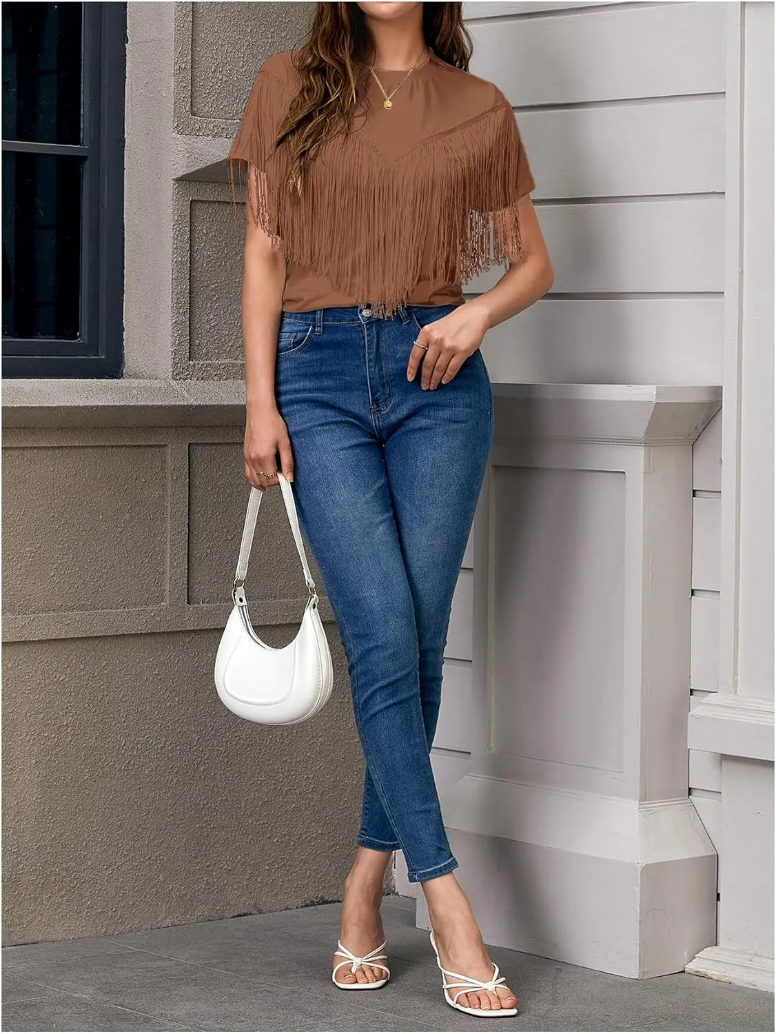 Verdusa Women's Short Sleeve Fringe Tops Tassel Trim Cowgirl Shirts Western Outfits