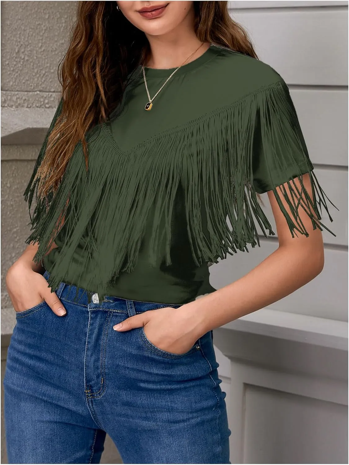 Verdusa Women's Short Sleeve Fringe Tops Tassel Trim Cowgirl Shirts Western Outfits