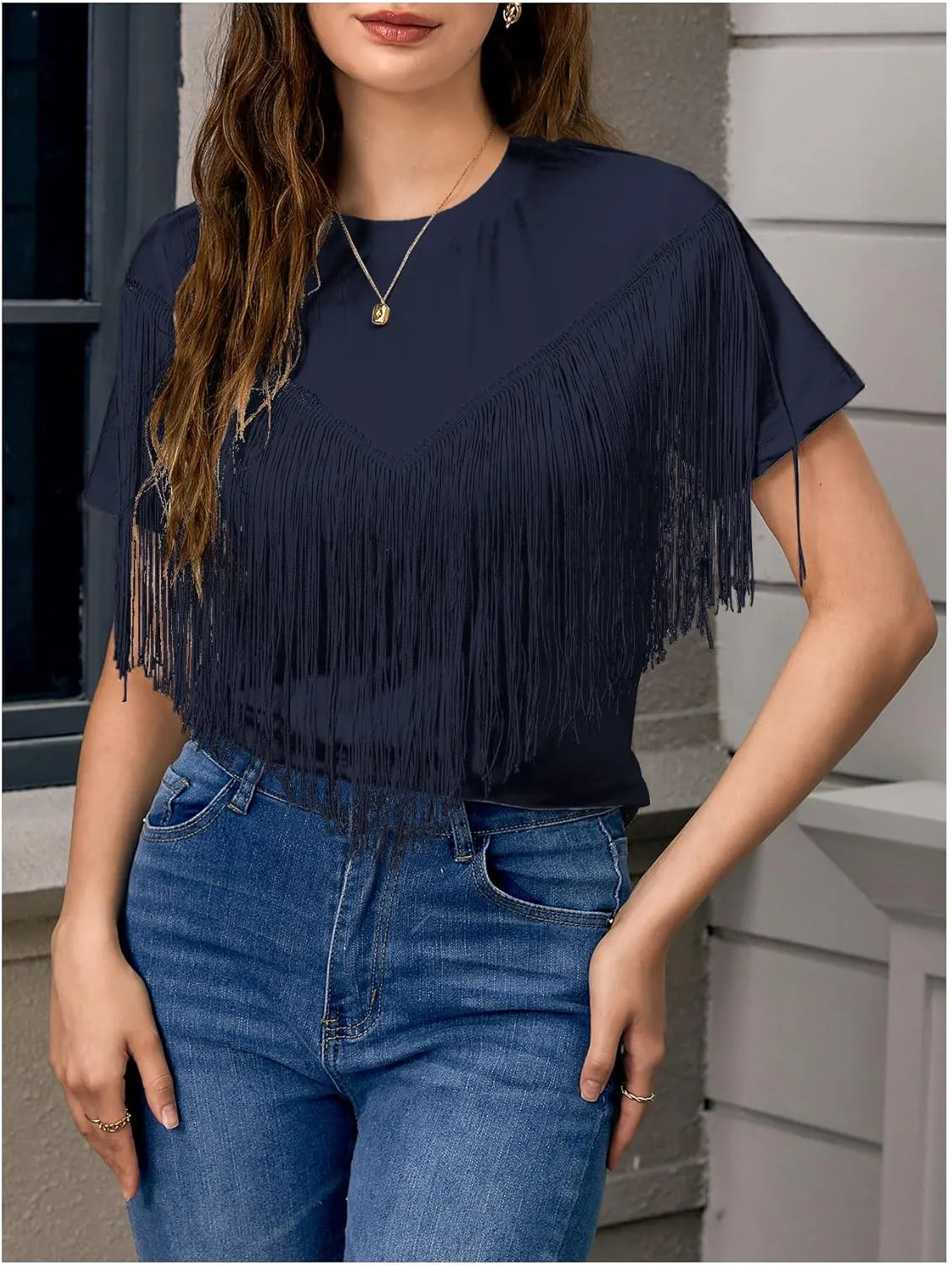 Verdusa Women's Short Sleeve Fringe Tops Tassel Trim Cowgirl Shirts Western Outfits