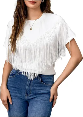 Verdusa Women's Short Sleeve Fringe Tops Tassel Trim Cowgirl Shirts Western Outfits