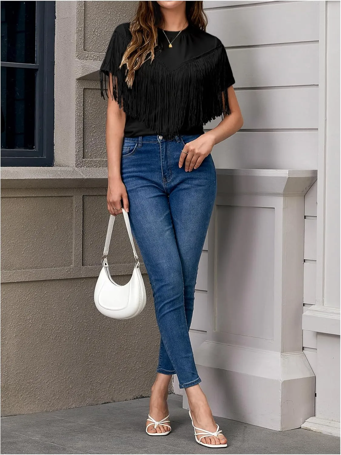 Verdusa Women's Short Sleeve Fringe Tops Tassel Trim Cowgirl Shirts Western Outfits