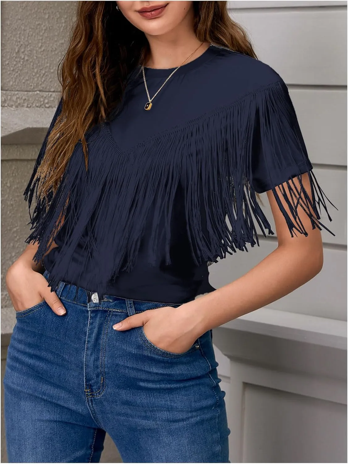 Verdusa Women's Short Sleeve Fringe Tops Tassel Trim Cowgirl Shirts Western Outfits