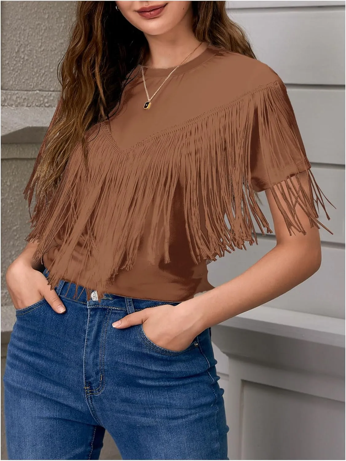 Verdusa Women's Short Sleeve Fringe Tops Tassel Trim Cowgirl Shirts Western Outfits