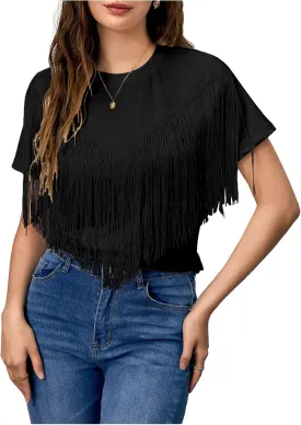 Verdusa Women's Short Sleeve Fringe Tops Tassel Trim Cowgirl Shirts Western Outfits