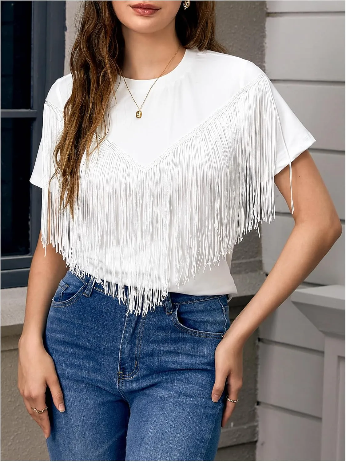 Verdusa Women's Short Sleeve Fringe Tops Tassel Trim Cowgirl Shirts Western Outfits