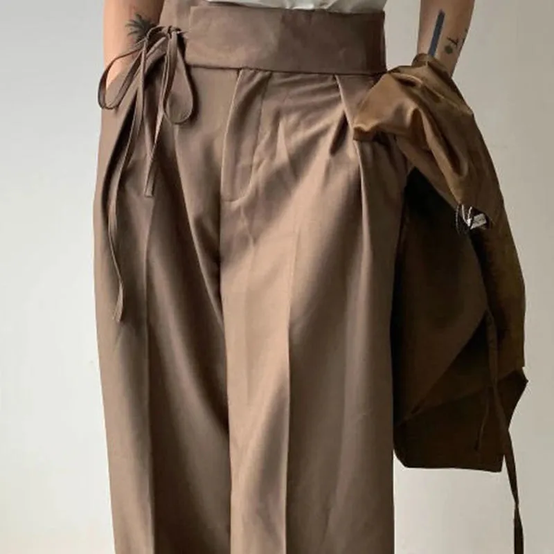 Wiaofellas  -  Summer Casual Pants Korean Version High-end Versatile Unisex Strappy Trousers Retro Trendy Straight-leg Drapey Wide-leg Trousers