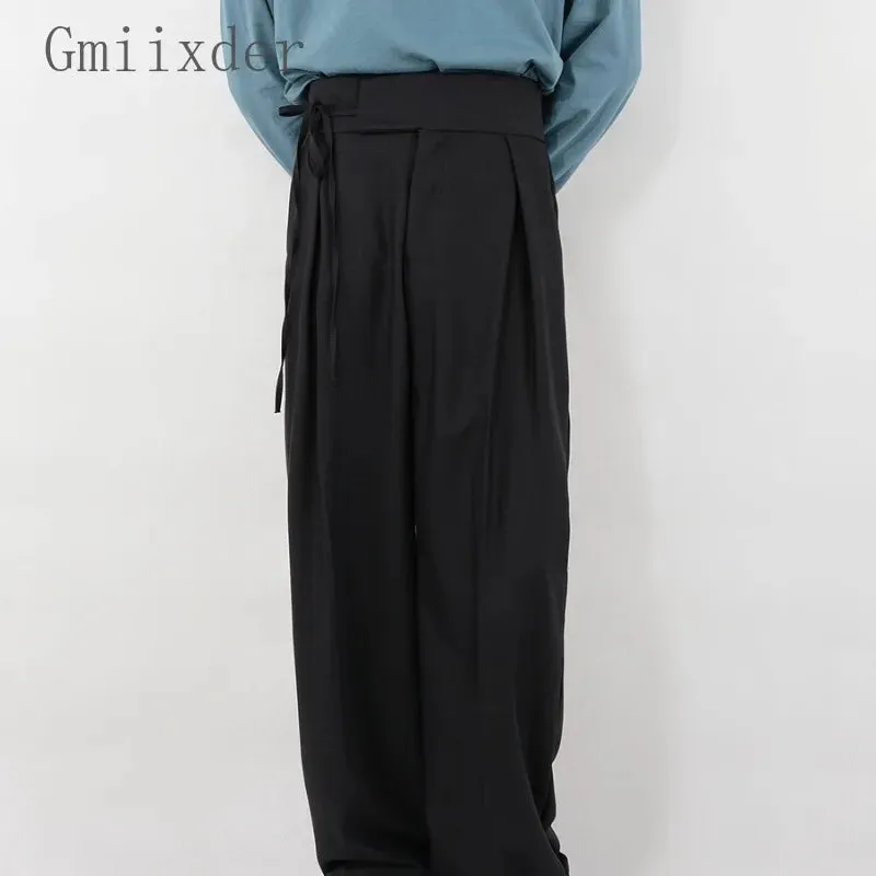 Wiaofellas  -  Summer Casual Pants Korean Version High-end Versatile Unisex Strappy Trousers Retro Trendy Straight-leg Drapey Wide-leg Trousers