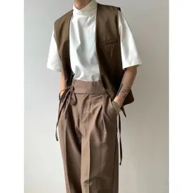Wiaofellas  -  Summer Casual Pants Korean Version High-end Versatile Unisex Strappy Trousers Retro Trendy Straight-leg Drapey Wide-leg Trousers