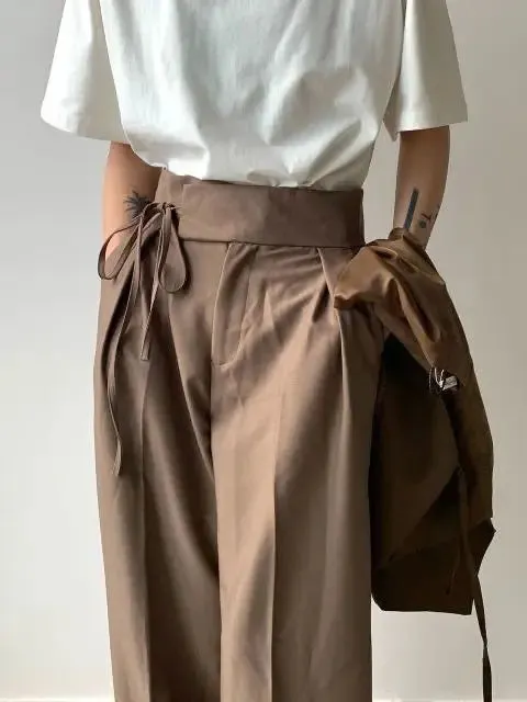 Wiaofellas  -  Summer Casual Pants Korean Version High-end Versatile Unisex Strappy Trousers Retro Trendy Straight-leg Drapey Wide-leg Trousers