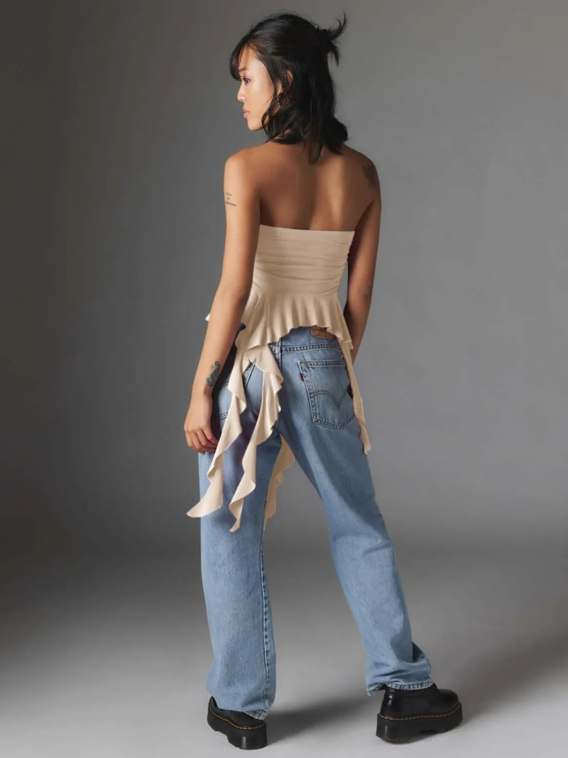 Women Strapless Tops Ruffled Asymmetrical Hem Tube Tops Ruched Bandeau Cami Tanks