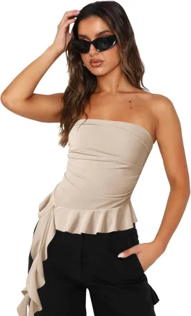 Women Strapless Tops Ruffled Asymmetrical Hem Tube Tops Ruched Bandeau Cami Tanks