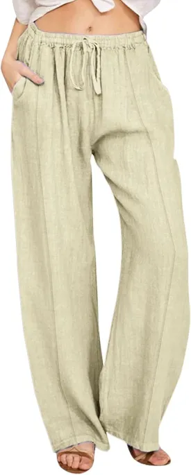 Womens Casual Linen High Waist Pants Drawstring Loose Fit Summer Pants Trousers with Side Pockets