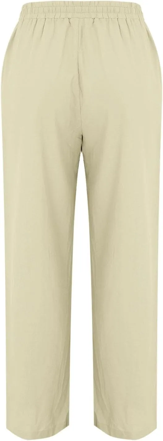 Womens Casual Linen High Waist Pants Drawstring Loose Fit Summer Pants Trousers with Side Pockets