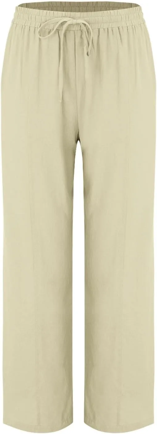 Womens Casual Linen High Waist Pants Drawstring Loose Fit Summer Pants Trousers with Side Pockets